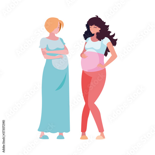 blond and brown hair pregnant women cartoons vector design