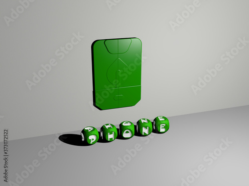 phone 3D icon on the wall and text of cubic alphabets on the floor, 3D illustration