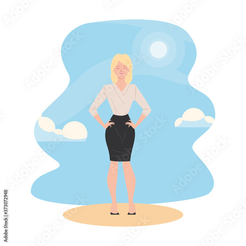 blond businesswoman cartoon with sun and clouds vector design