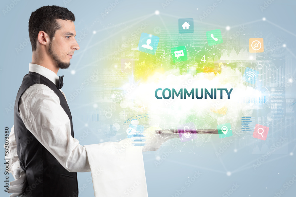 Waiter serving social networking concept with COMMUNITY inscription Waiter serving social networking concept with COMMUNITY inscription
