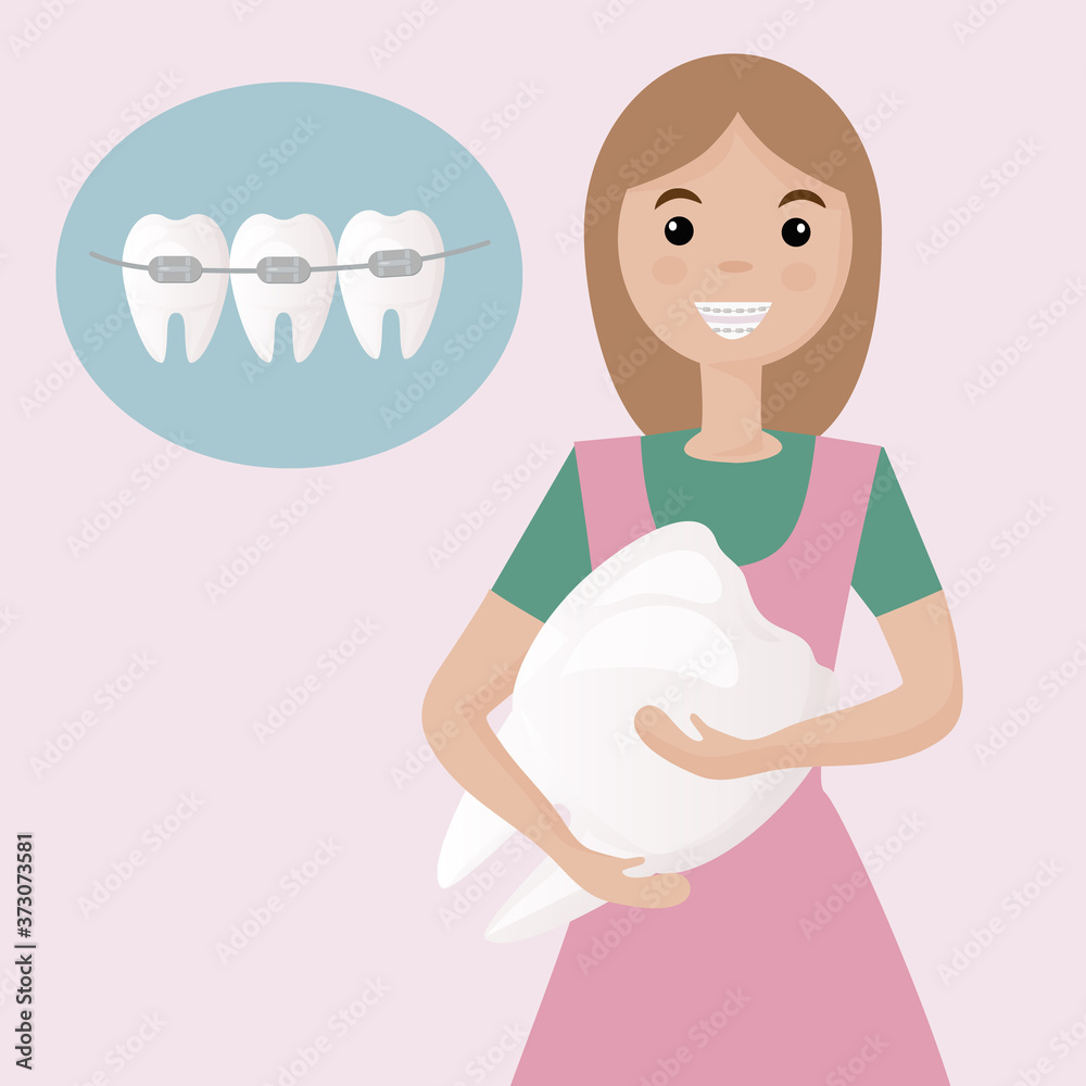 A cute girl with braces on her teeth is happy with a healthy smile. Banner for advertising children's dental clinic. Dental care - orthodontic treatment and straightening of teeth. Flat vector A cute girl with braces on her teeth is happy with a healthy smile. Banner for advertising children's dental clinic. Dental care - orthodontic treatment and straightening of teeth. Flat vector