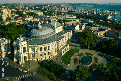 air panorama opera and balet theatre with city landscape