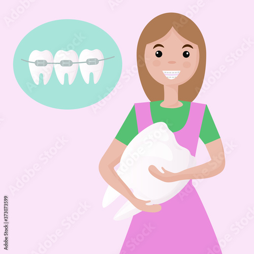 A cute girl with braces on her teeth is happy with a healthy smile.  Banner for advertising children's dental clinic. Dental care - orthodontic treatment and straightening of teeth. Flat vector