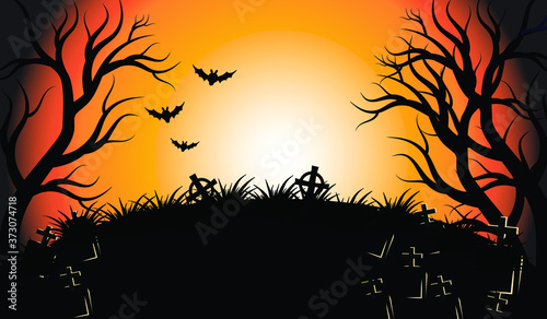 Fototapeta Naklejka Na Ścianę i Meble -  Scary background with Graveyard.trees and bats,A creepy graveyard Halloween background scene with graves.