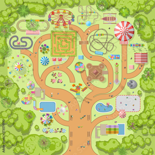 Amusement park in the form of a tree. (Top view) Attractions, paths, circus, trees, plants, tents. (View from above)