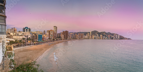 Bay of Benidorm Spain at sunset, paradise with mountains