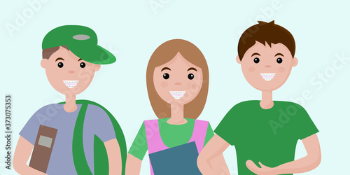 teens boys and girls with braces on their teeth are happy with a healthy smile.  Banner for advertising children's dental clinic. Dental care - orthodontic treatment. Flat vector illustration
