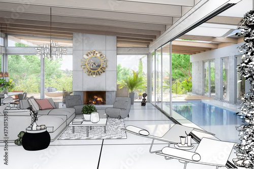 Fototapeta Naklejka Na Ścianę i Meble -  Luxury Residential Villa Interior Design (draft) - 3d visualization