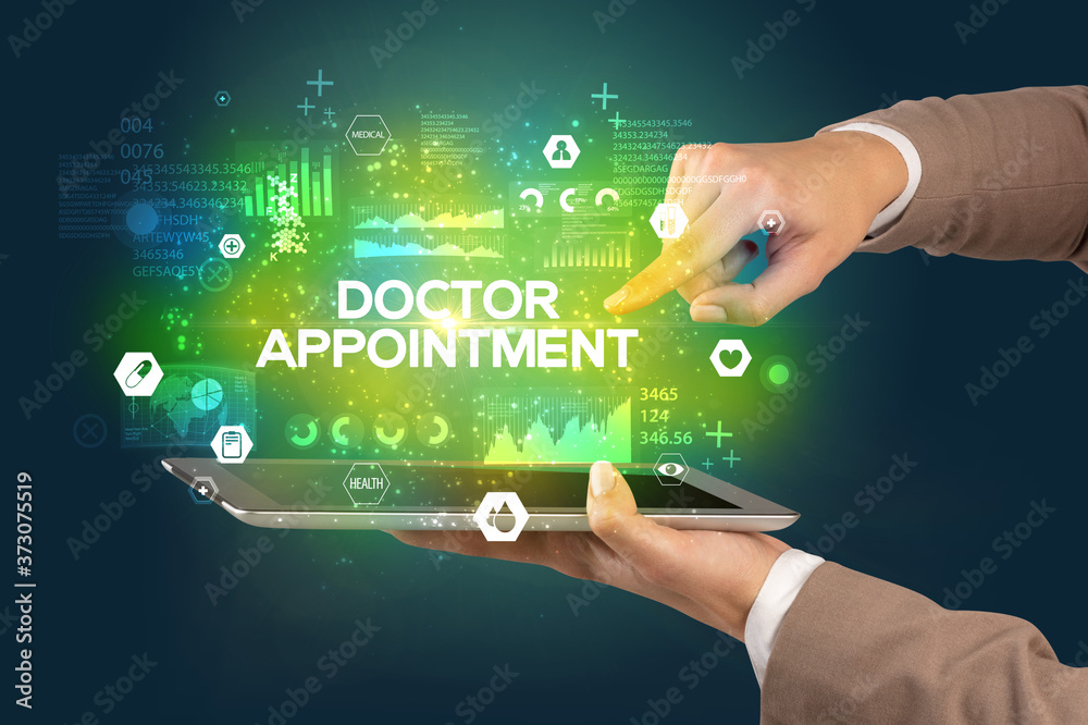 Obraz premium Close-up of a touchscreen with DOCTOR APPOINTMENT inscription, medical concept