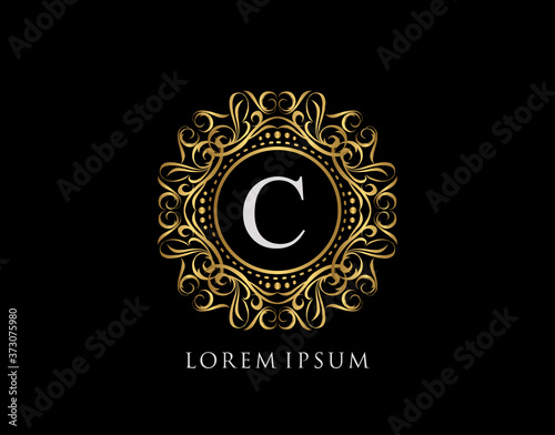 Calligraphic Badge with Letter C Design. Ornamental luxury golden logo design vector illustration.