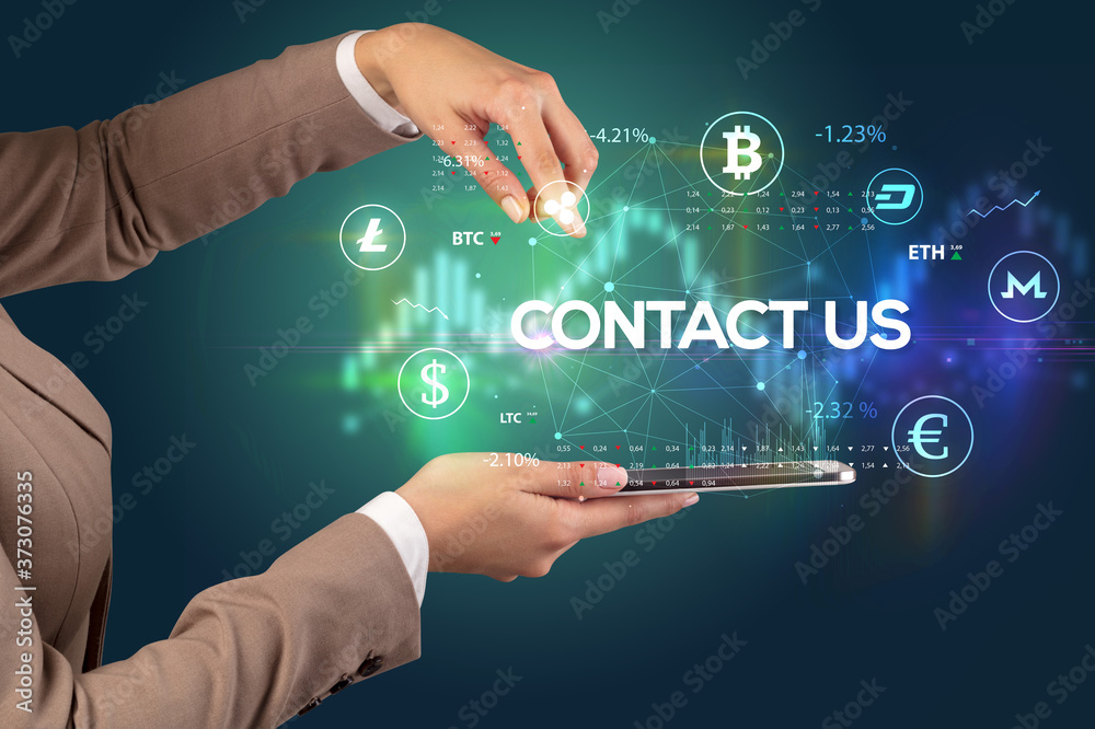 Close-up of a touchscreen with CONTACT US inscription, business opportunity concept Close-up of a touchscreen with CONTACT US inscription, business opportunity concept