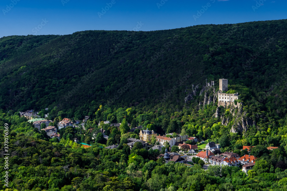 Green Valley Helenental With Remote Settlement, Castle Ruins And Villas At Baden Near Vienna In Austria