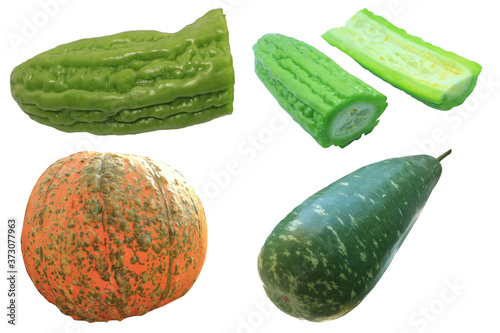 Vegetable set isolated on white background and clipping path, bitter melon,winter melon,pumpkin