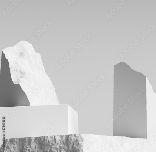 Fototapeta Naklejka Na Ścianę i Meble -  Product setting podium broken stone slabs, white stone platform, rough textured blocks object placement, 3d rendering,