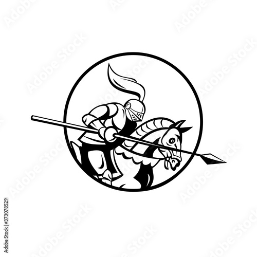 Medieval Knight with Lance Riding Steed Side Retro Black and White