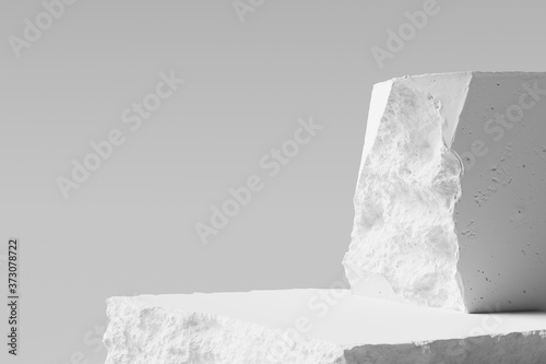 Product setting podium broken stone slabs, white stone platform, rough textured blocks object placement, 3d rendering,