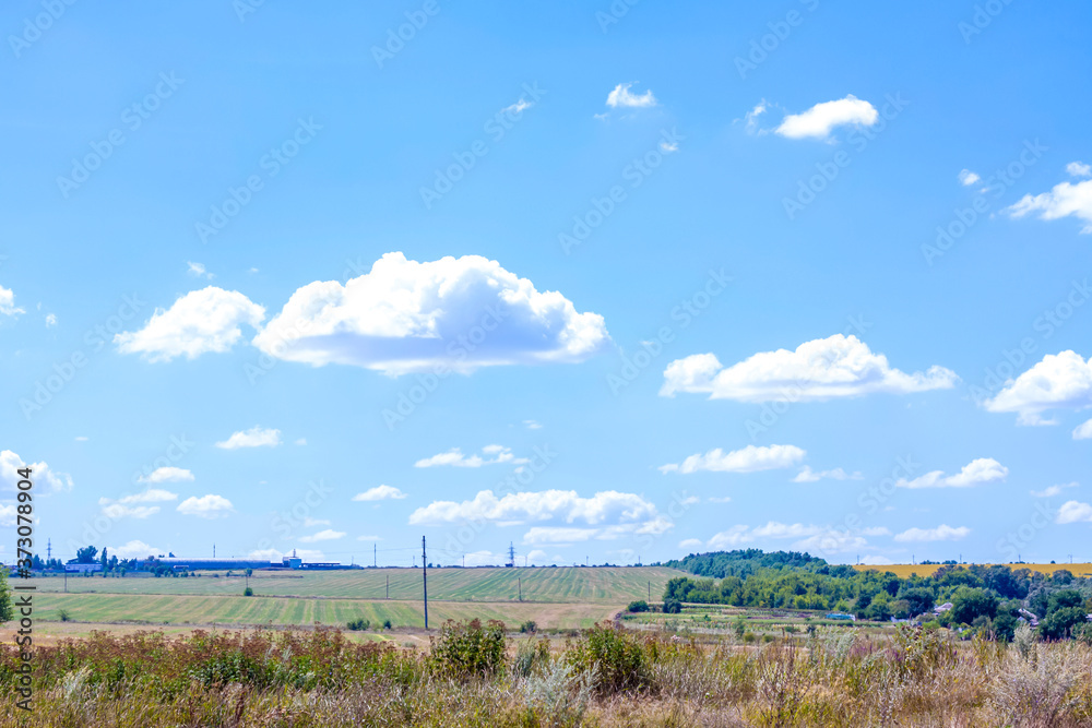 Rural landscape with beautiful sky and field. Blue sky with white clouds.