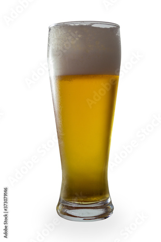 Full glass of beer isolated on white background. Amber beer in a glass.
