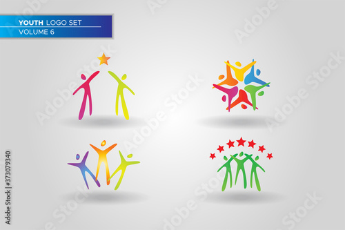 Youth Social Activities Logo Set Template. Raise hands up with stars icon.