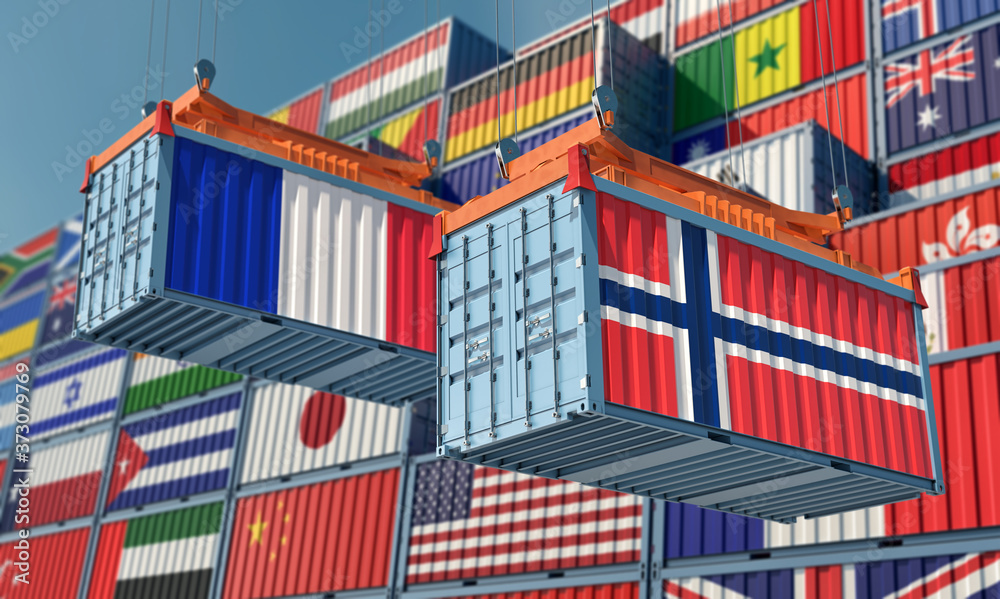 Freight containers with Norway and France flag. 3D Rendering 