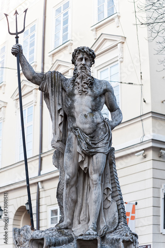 Sculpture of Neptune on the Market square (Rynok square) in Lviv, Ukraine.