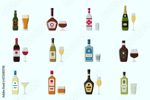 Alcohol drink Icons set - Vector color symbols of glass, bottle, wine, beer, champagne, whiskey, vodka, cognac and others for the site or interface