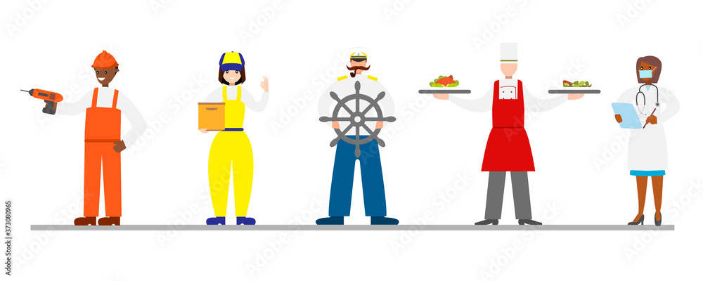 Set with people of different professions. Builder, delivery man, sailor, cook, doctor. Labor day.