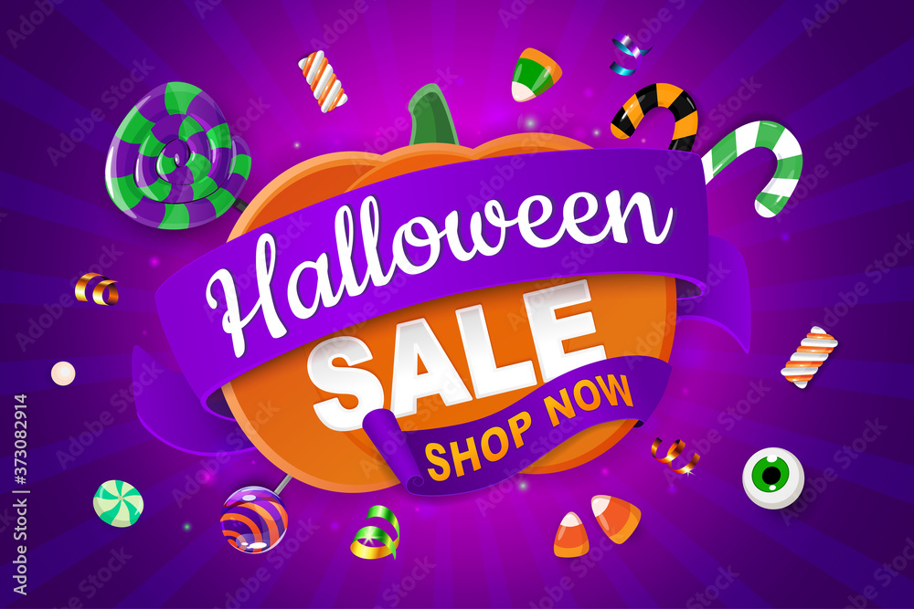 Halloween Sale Banner with pumpkin and sweets for your web site. Vector. Halloween Sale Banner with pumpkin and sweets for your web site. Vector.