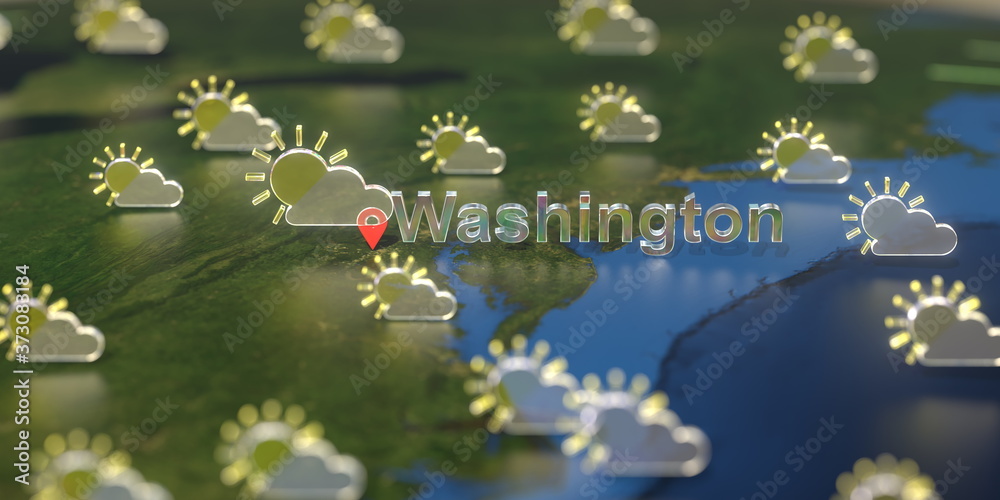 Partly cloudy weather icons near Washington city on the map, weather forecast related 3D rendering