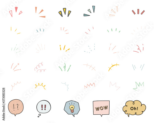 手書きの気づき、注目マークのセット／ポイント／集中／驚き／飾り／装飾／びっくり／驚き