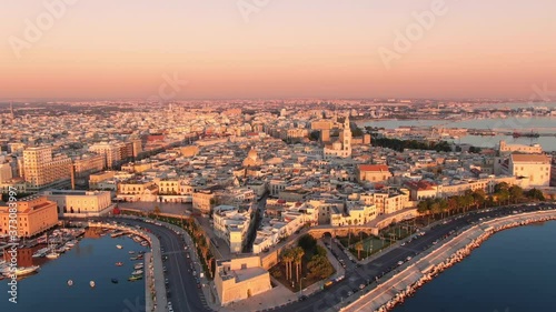 aerial view drone of bari city center old town at dawn,flying forward,apulia italy photo