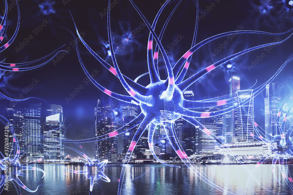 Double exposure of neuron drawing icon and cityscape background. Concept of education.