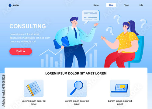 Consulting flat landing page. Consultant talking with client web page. Colorful composition with people characters, vector illustration. Business assistance, financial accounting and audit concept.