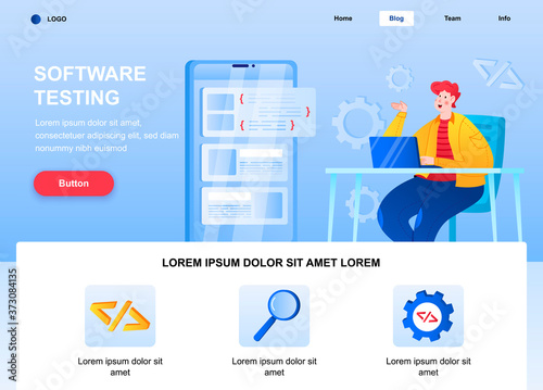Software testing flat landing page. Engineer debugging mobile application web page. Colorful composition with people character, vector illustration. Software testing, search of program bugs concept