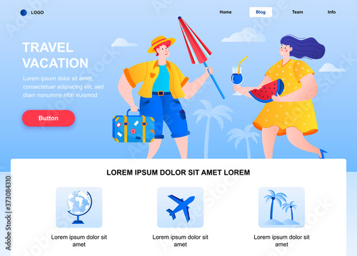 Travel vacation flat landing page. Tourist with luggage and sun umbrella comes to rest web page. Colorful composition with people characters, vector illustration. Summertime beach vacation concept.