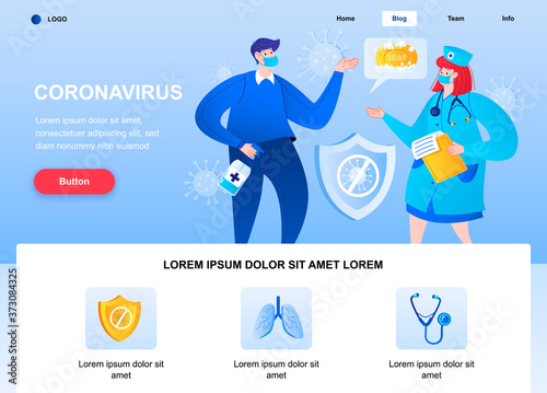 Coronavirus flat landing page. Doctor talking with man about covid-19 web page. Composition with people characters, vector illustration. Coronavirus prevention, personal hygiene and disinfection.