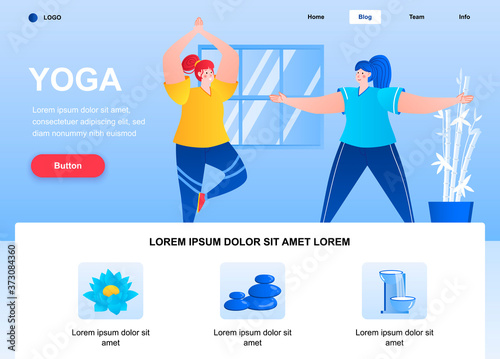 Yoga flat landing page. Young women practicing yoga asanas web page. Colorful composition with people characters, vector illustration. Calmness and relax, sports activities and wellness concept.