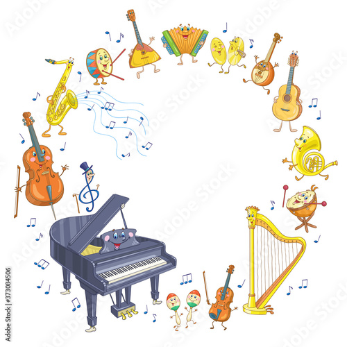 International Music Day. Cheerful musical instruments are arranged in a circle. In cartoon style. Isolated on white background. Place for your text. Vector illustration.
