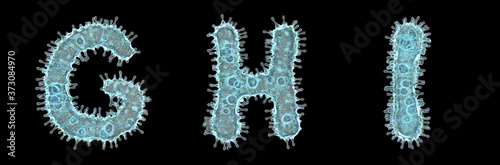 Set of letters made of virus isolated on black background. Capital letter G, H, I. 3d rendering. Covid font photo