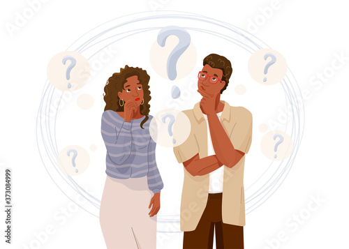 Young african american couple think about problem. Question symbol. Troubled woman and man thinking together. Vector illustration in simple flat cartoon style isolated on white background