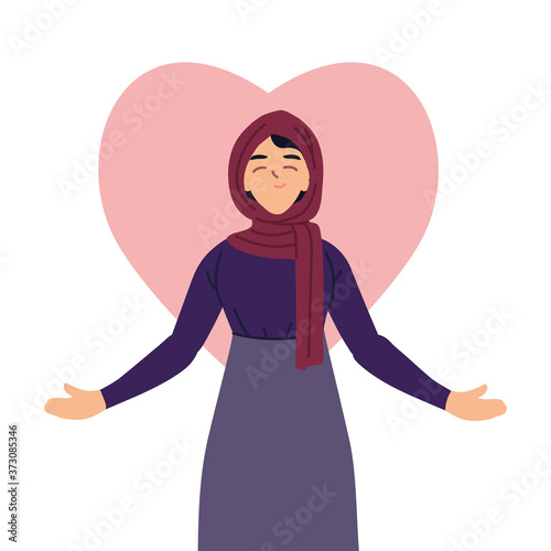 muslim woman cartoon in front of heart vector design