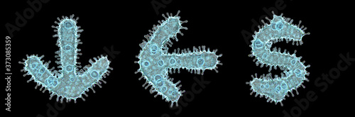 Alphabet made of virus isolated on black background. Symbol arrow to down, left arrow, dollar. 3d rendering. Covid font photo