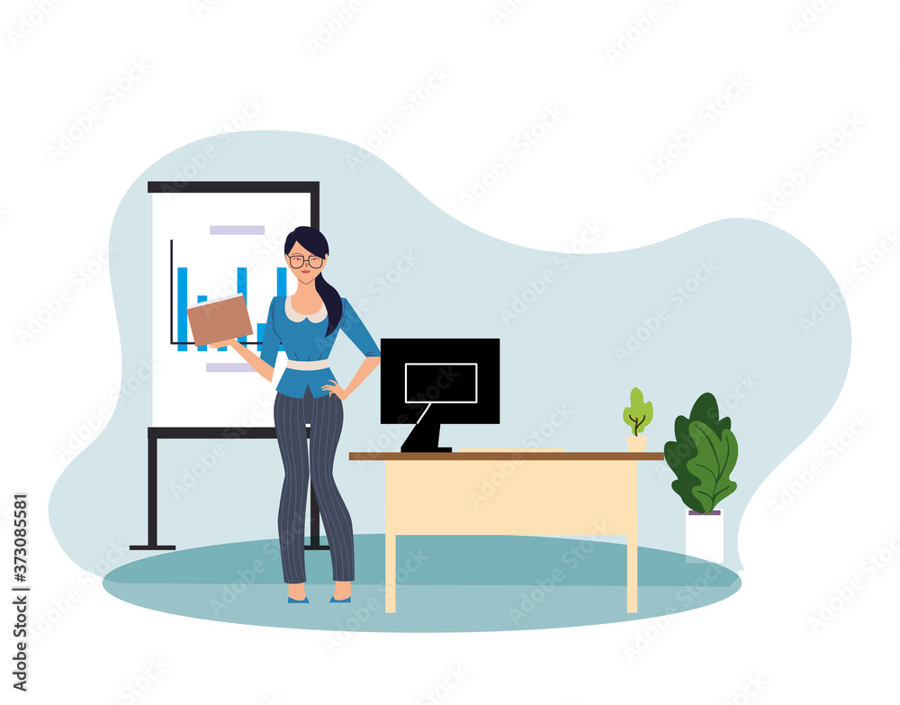 businesswoman cartoon with computer on desk and infographic board vector design