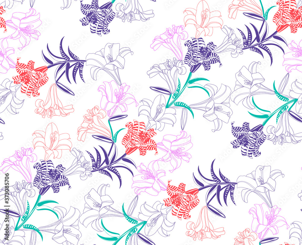 Vintage floral seamless pattern with lilies and butterflies