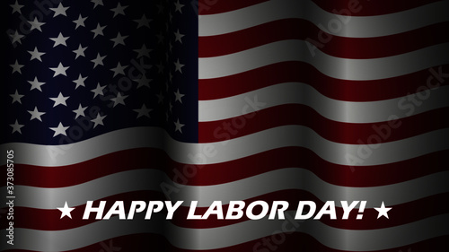 Labor Day greeting vector background with wavy US flag and white text banner