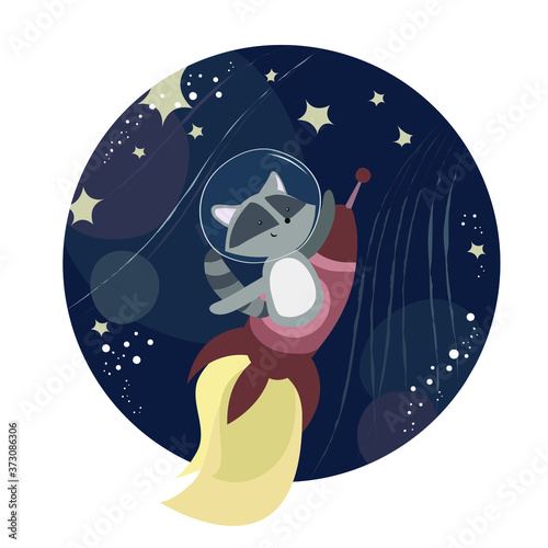 Принти на полотні Vector illustration in a kind childish style with a cheerful cute raccoon flying in a rocket in space