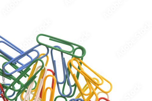 Paper clips of different colors isolated on white background with copy space