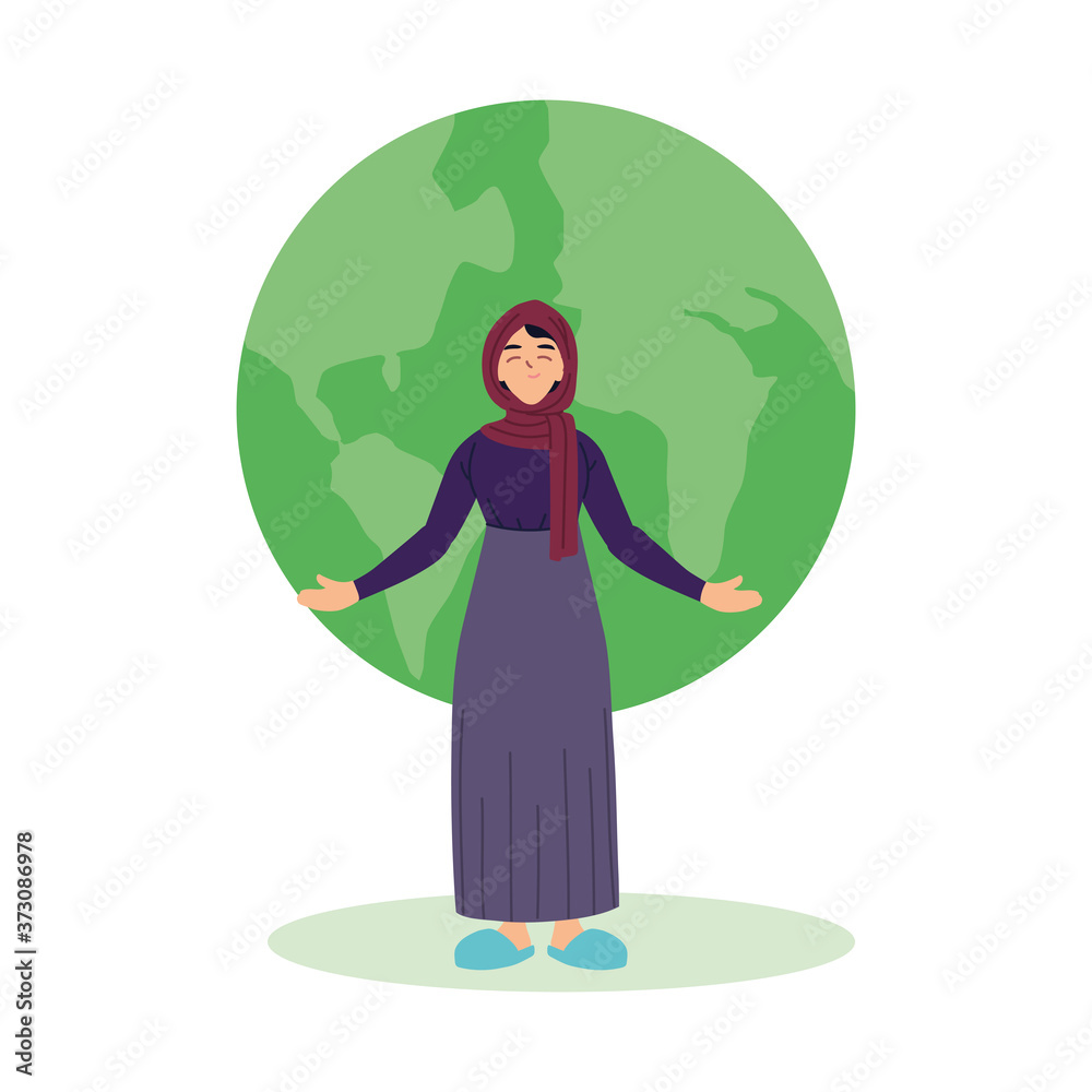 muslim woman cartoon in front of world sphere vector design muslim woman cartoon in front of world sphere vector design