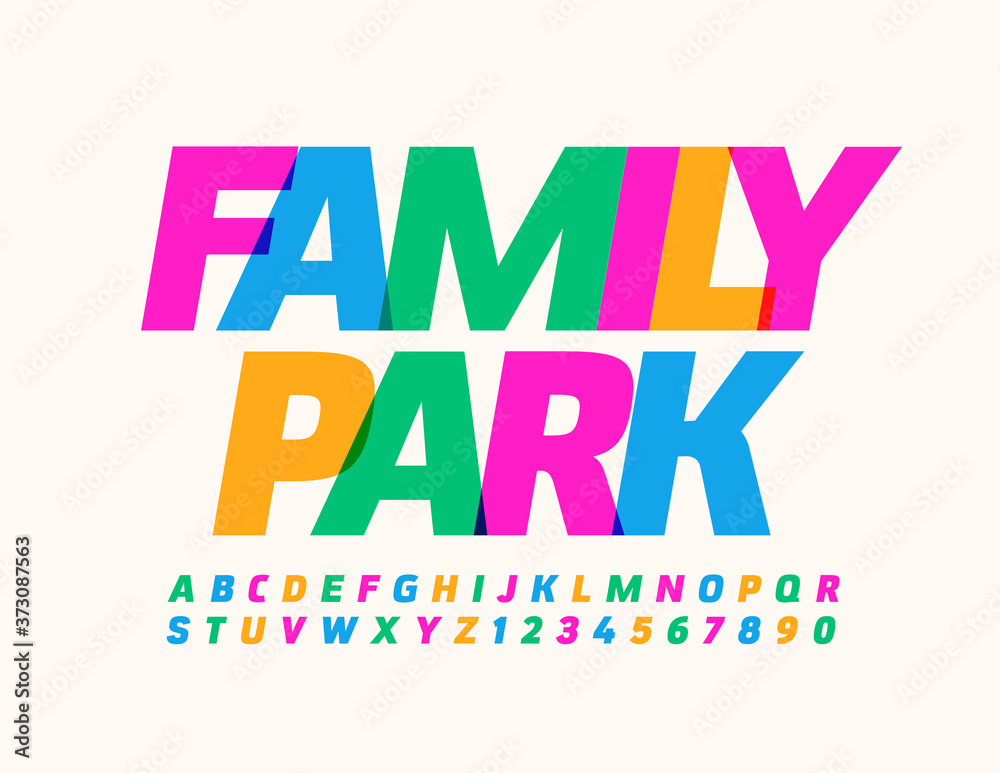 Vector bright poster Family Park. Font for Event, Entertainment, Flyer. Colorful Alphabet Letters and Numbers Vector bright poster Family Park. Font for Event, Entertainment, Flyer. Colorful Alphabet Letters and Numbers