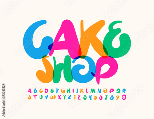 Vector colorful banner Cake Shop. Decorative artistic Font. Handwritten bright Alphabet Letters and Numbers